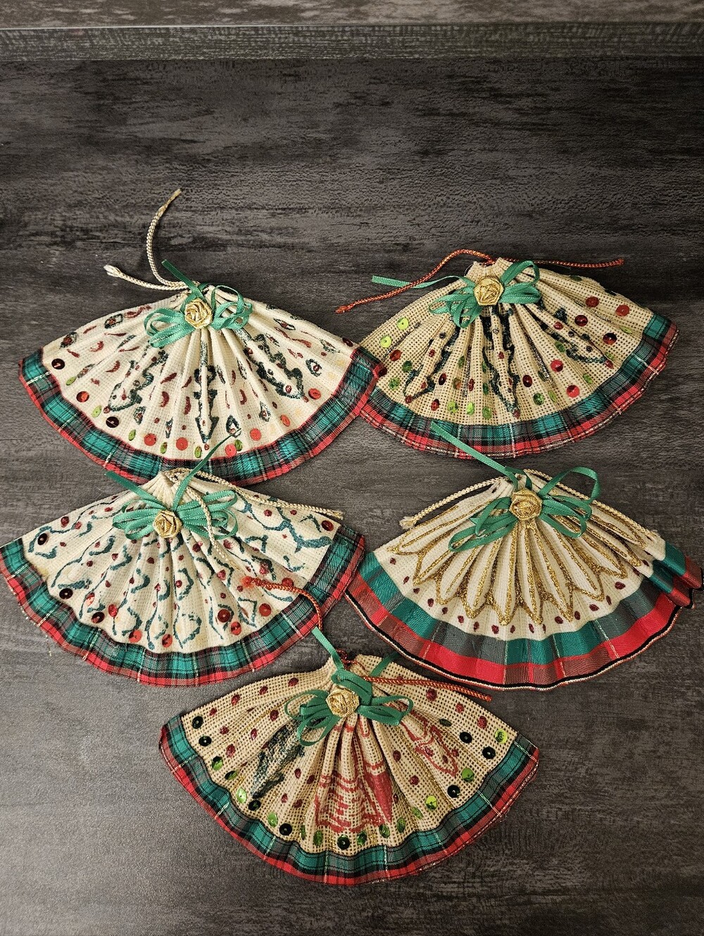 Lot of 5 Handmade Vintage Accordian-Style Miniature Tree Skirt Ornaments